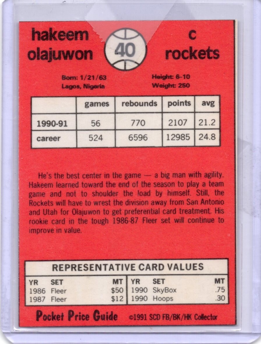 1991 SCD Pocket Price Guide Hand Cut #40 Hakeem Olajuwon