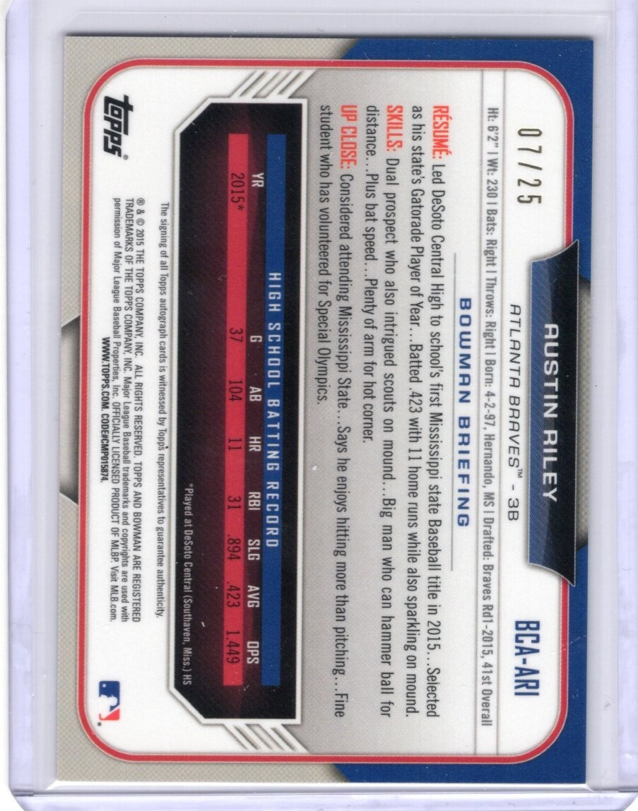 2015 BOWMAN CHROME AUTO ORANGE REFRACTOR AUSTIN RILEY AUTO RC #07/25 #BCA-ARI