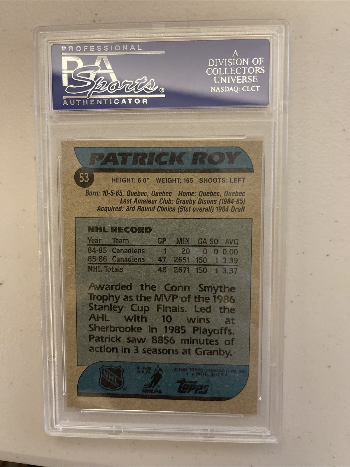 1986 - 1987 Topps Patrick Roy RC/Rookie  #53 PSA 8