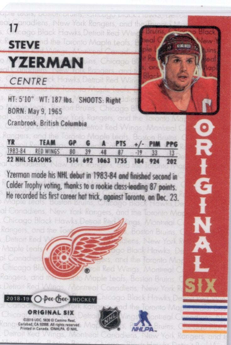 2018-19 O-Pee-Chee OPC Original Six Hockey Walmart, Steve Yzerman #17