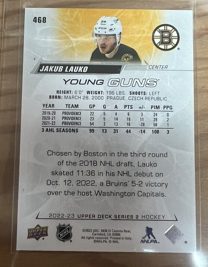 2022-23 Upper Deck Series 2 Hockey Young Guns Jakub Lauko #468 Boston Bruins