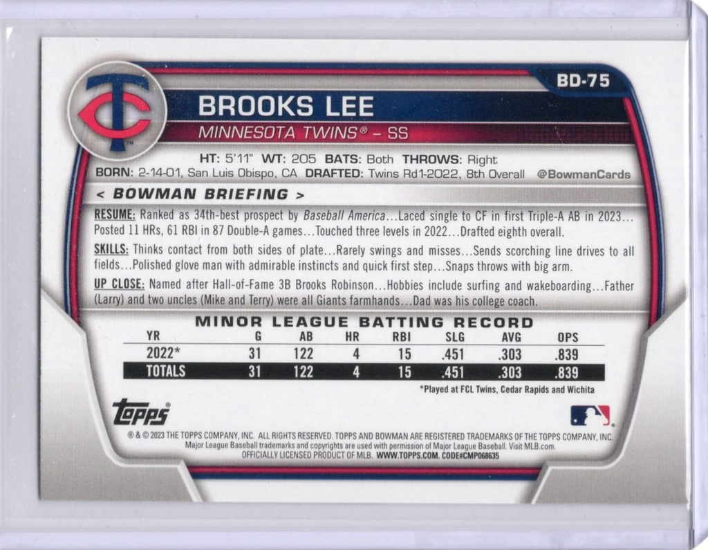 2023 BOWMAN DRAFT BASEBALL  BROOKS LEE #BD-75