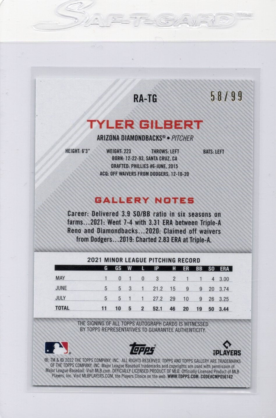 2022 Topps Gallery #RA-TG Tyler Gilbert Auto Card Green 58/99