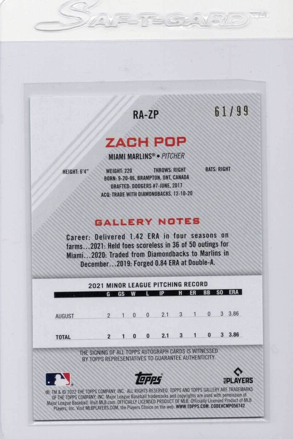 2022 Topps Gallery Zach Pop Green Rookie Auto 61/99 Marlins RA-ZP