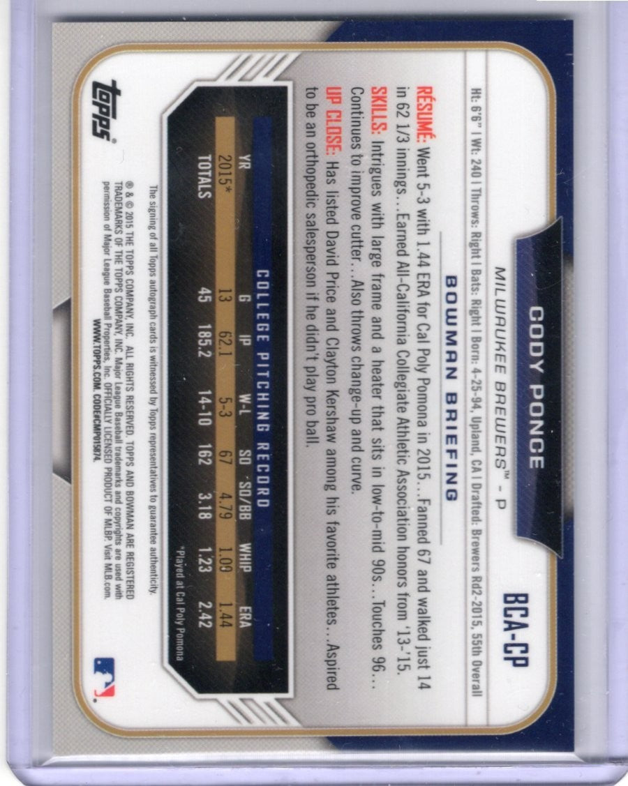 2015 Bowman Chrome Draft Cody Ponce Auto Autograph BCA-CP Blue jays