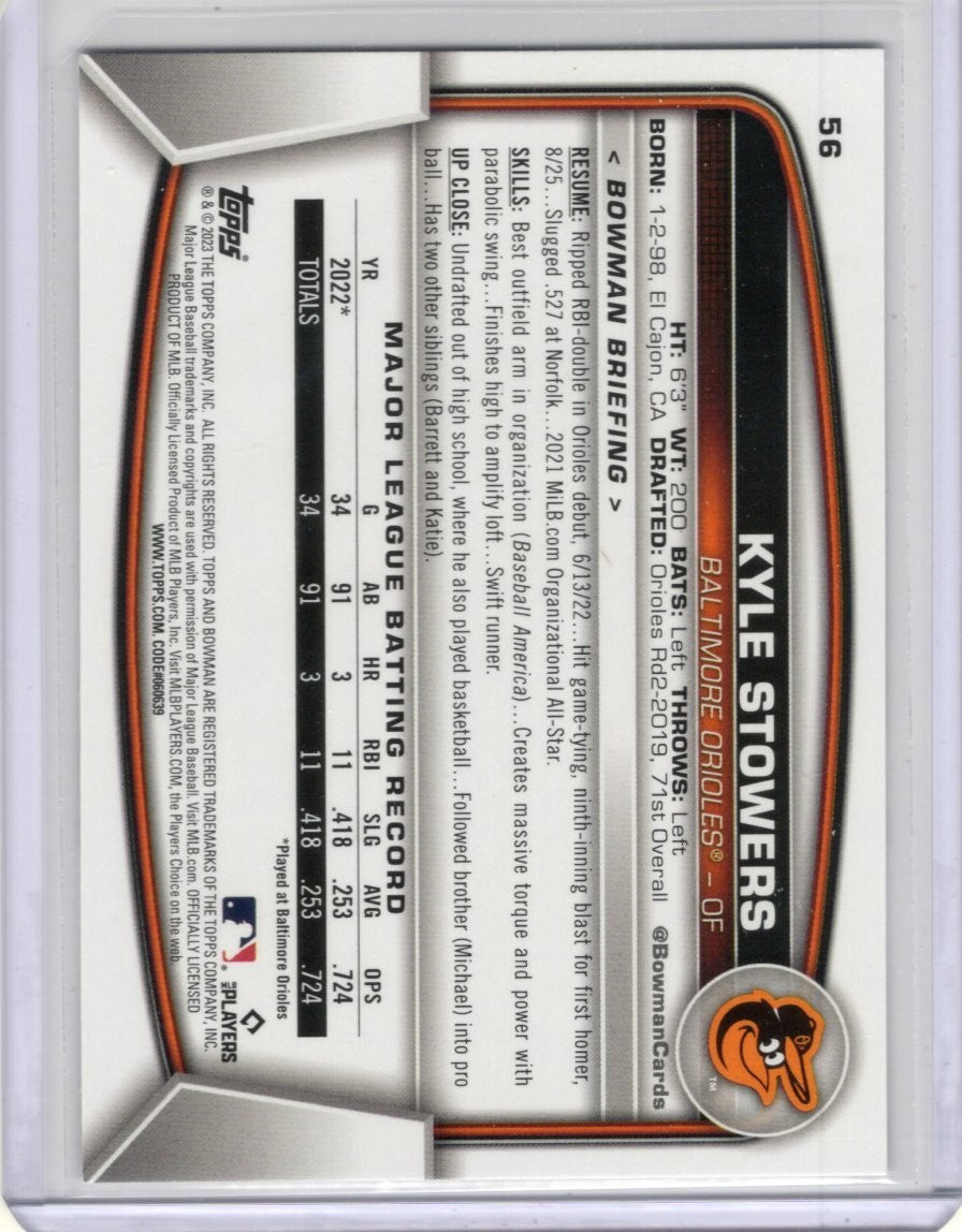 2023 Bowman Baseball Paper #56 Kyle Stowers Orioles Card RC