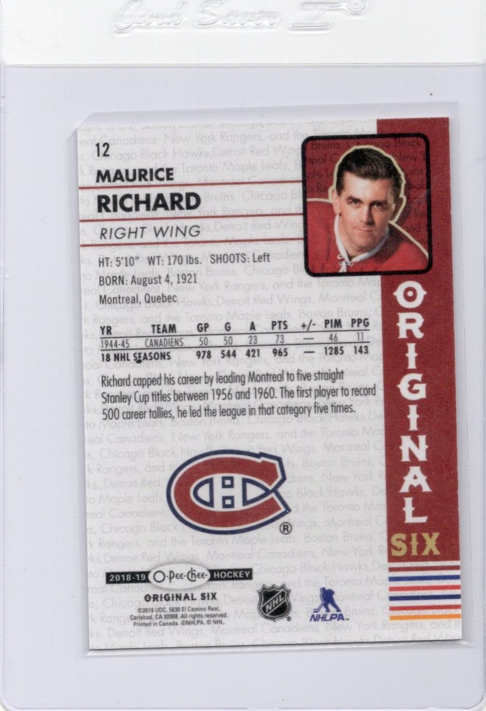 2018-19 O-Pee-Chee OPC Original Six Hockey Walmart, Maurice Richard #12