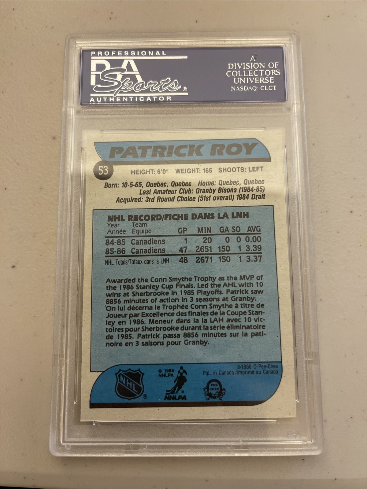 1986 - 1987 O-PEE-CHEE Patrick Roy RC/Rookie  #53 OPC PSA 8