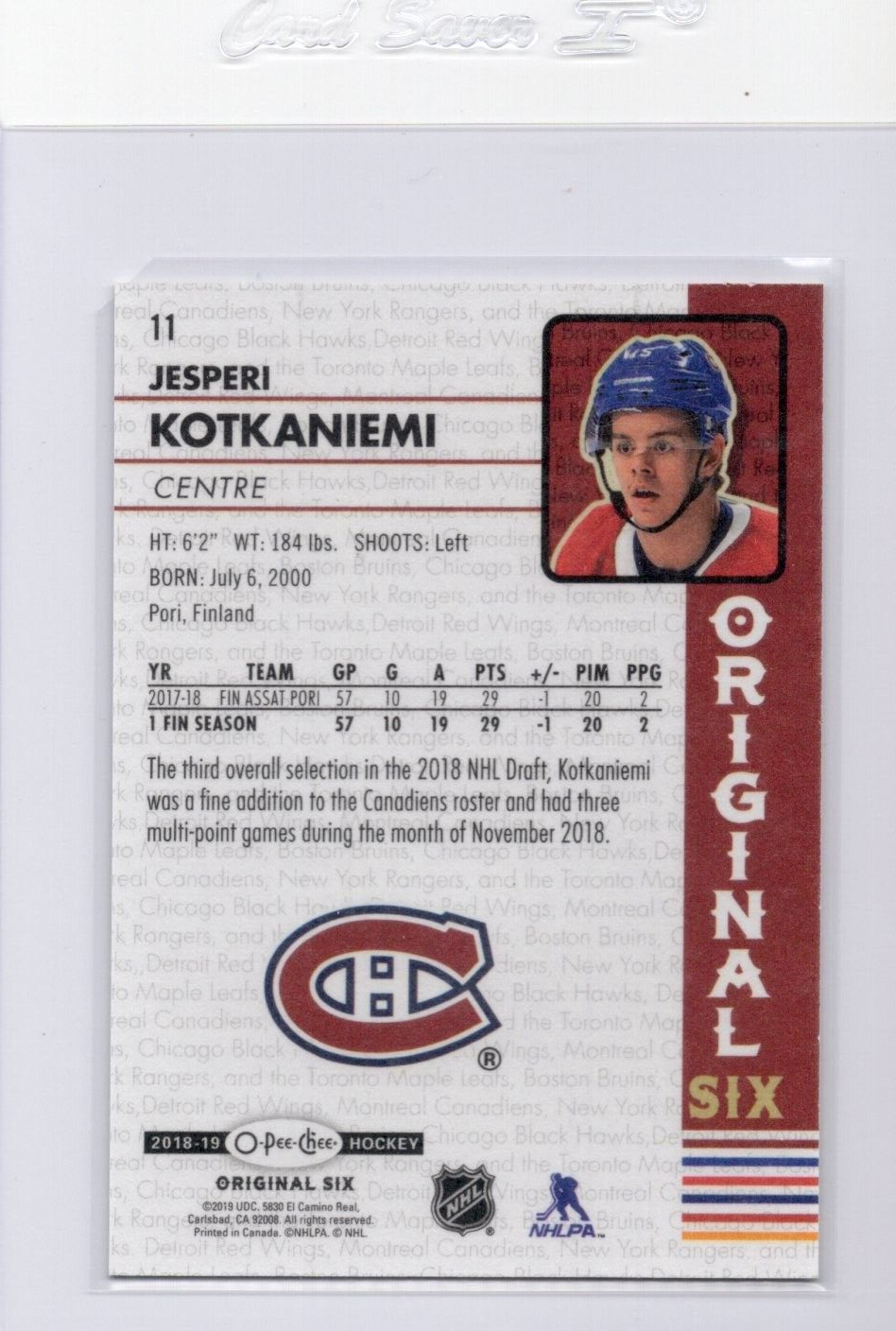 2018-19 O-Pee-Chee OPC Original Six Hockey Walmart, Jesperi Kotkaniemi #11