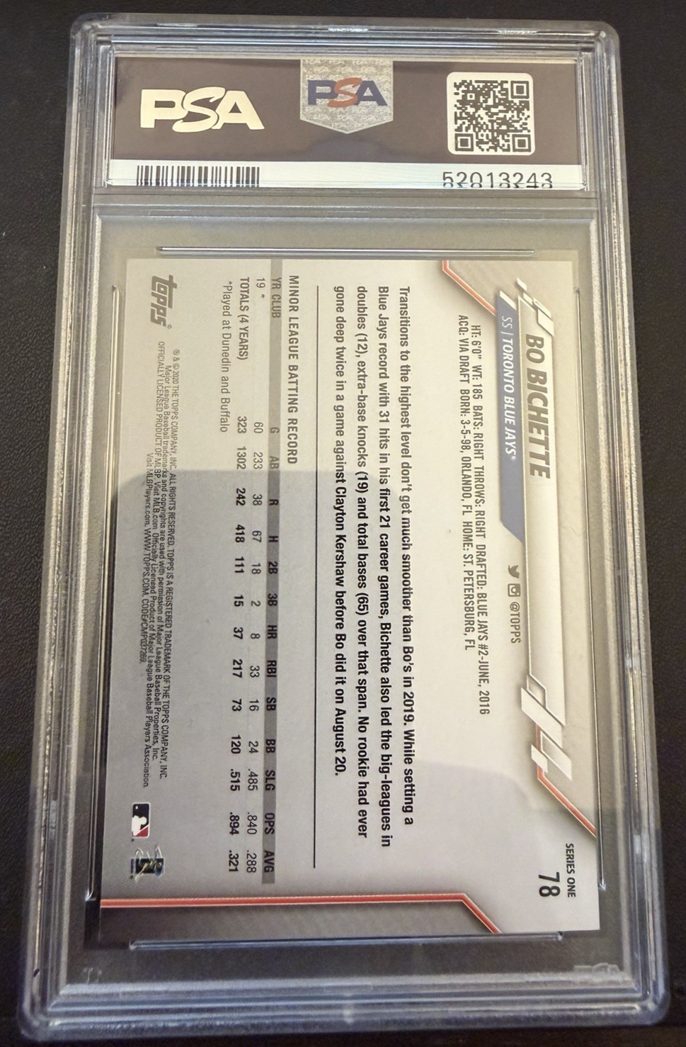 2020 Topps Bo Bichette Graded Rookie Card #78 PSA 9 Toronto Blue Jays RC