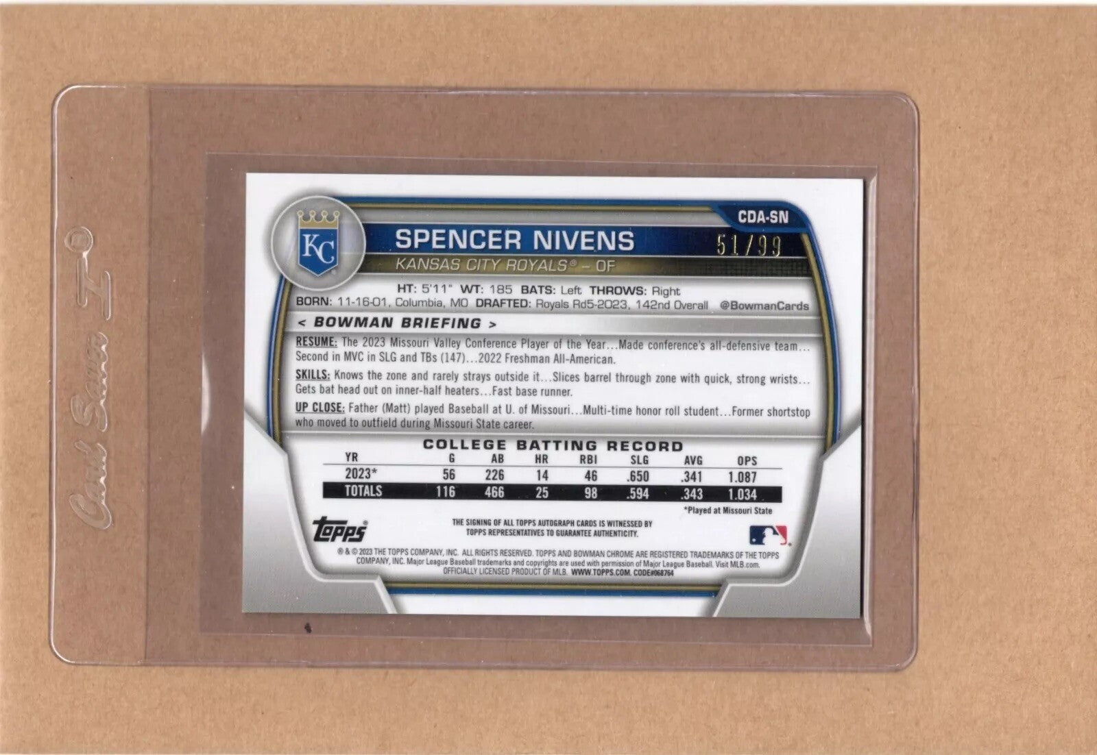 2023 Bowman Draft Chrome 1st #CDA-SN Spencer Nivens Royals Auto Green 51/99