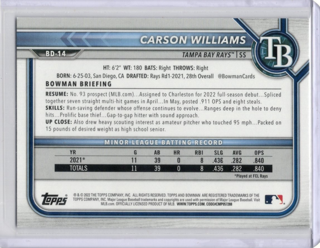 2022 Bowman Draft Carson Williams #BD-14 Tampa Bay Rays