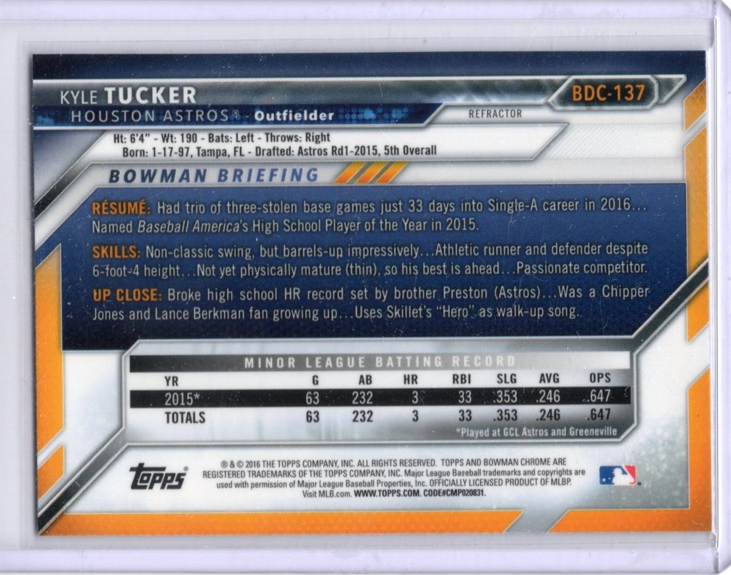 2016 Bowman Chrome Kyle Tucker Astros Refractor Baseball Prospect Card #BDC-137