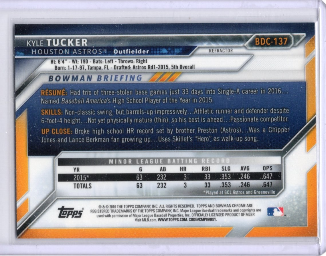2016 Bowman Chrome Kyle Tucker Astros Refractor Baseball Prospect Card #BDC-137