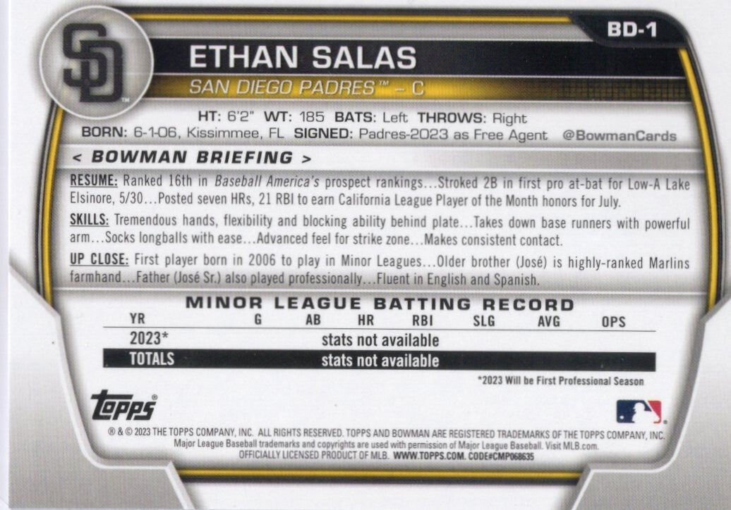 2023 Bowman Draft Ethan Salas RC #BD-1 San Diego Padres