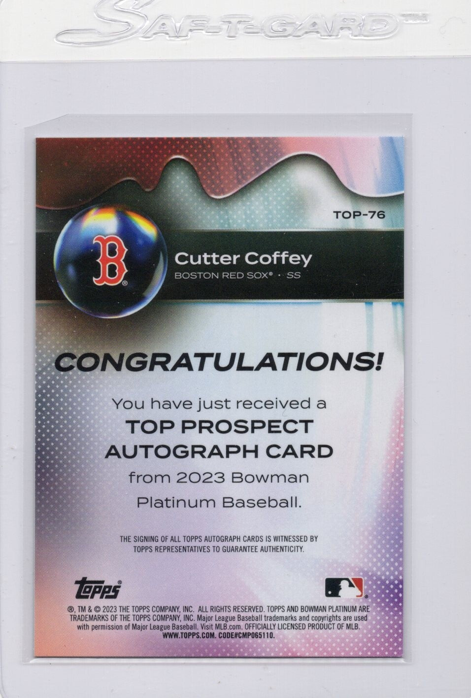 2023 Bowman Platinum Cutter Coffey Top Prospect Auto Autograph #TOP-76 Red Sox