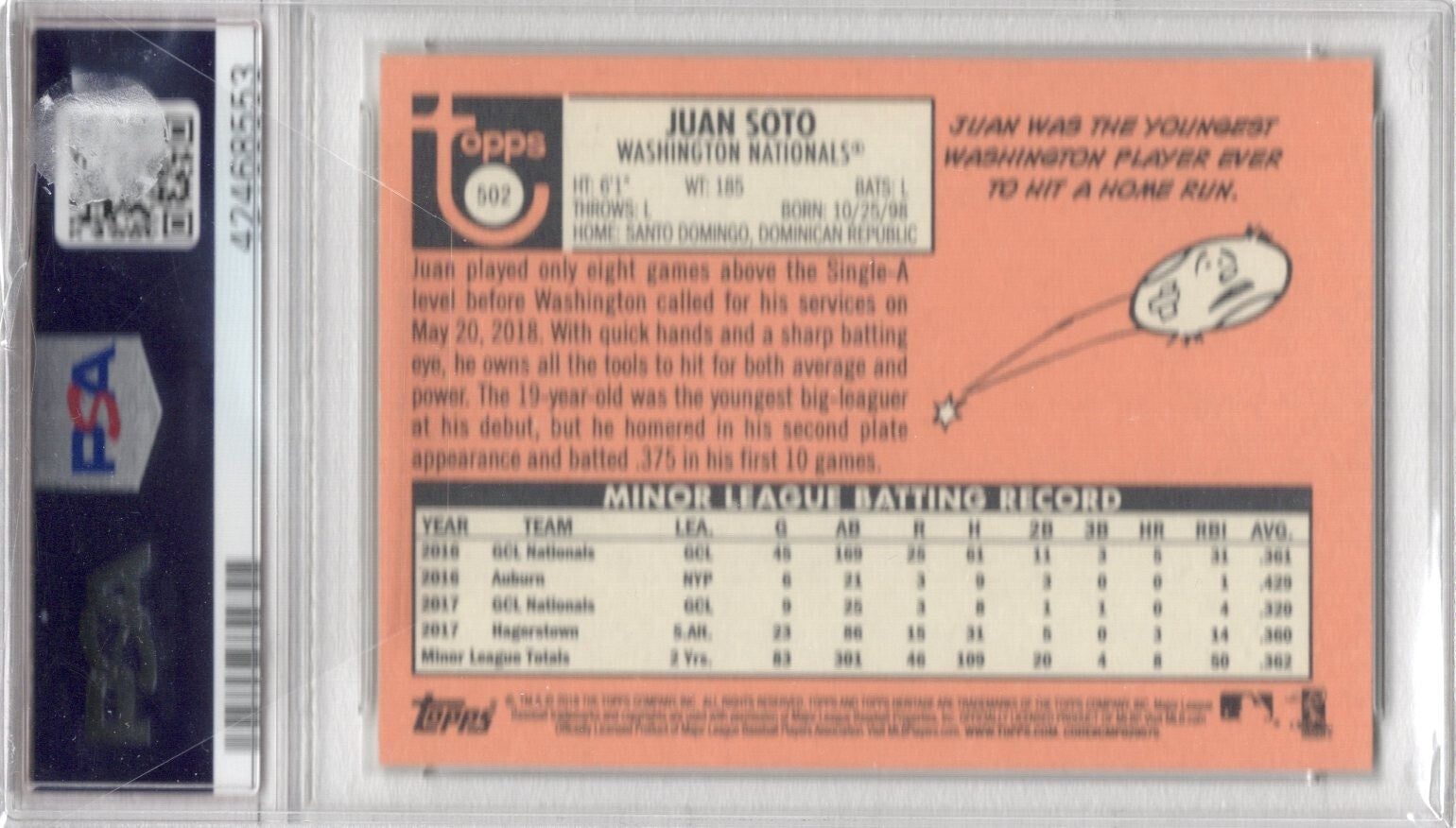 2018 TOPPS HERITAGE #502 JUAN SOTO ROOKIE RC PSA 10