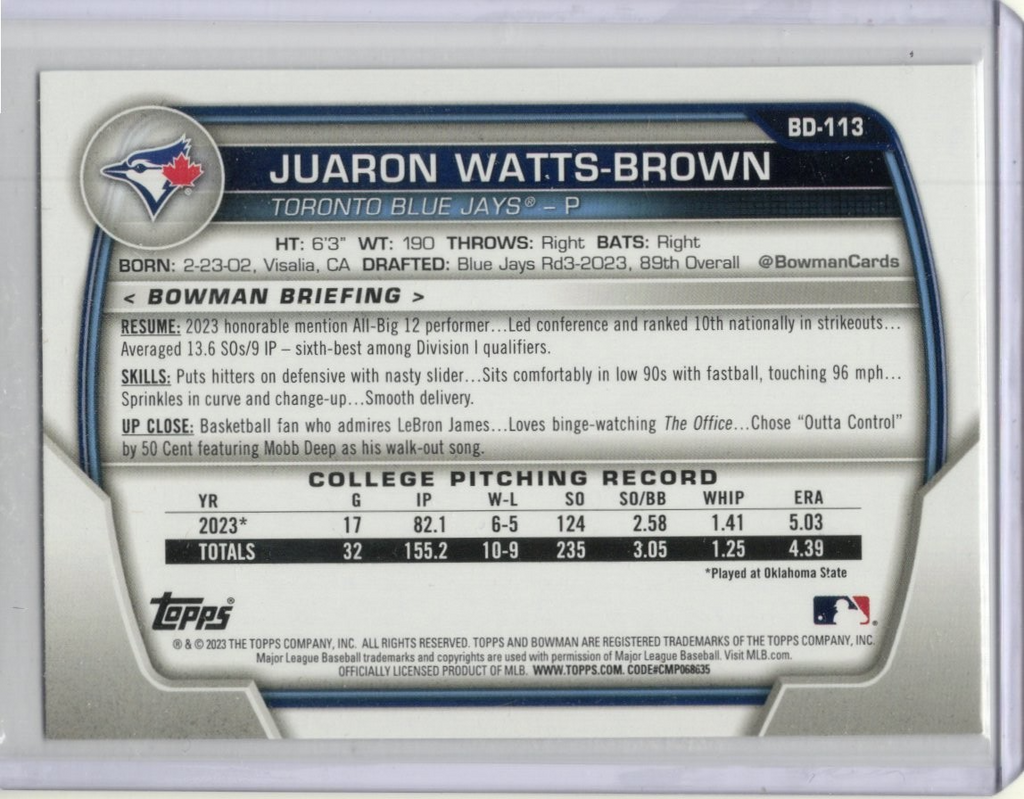2023 Bowman Draft Paper Juaron Watts-Brown Toronto Blue Jays #BD-113