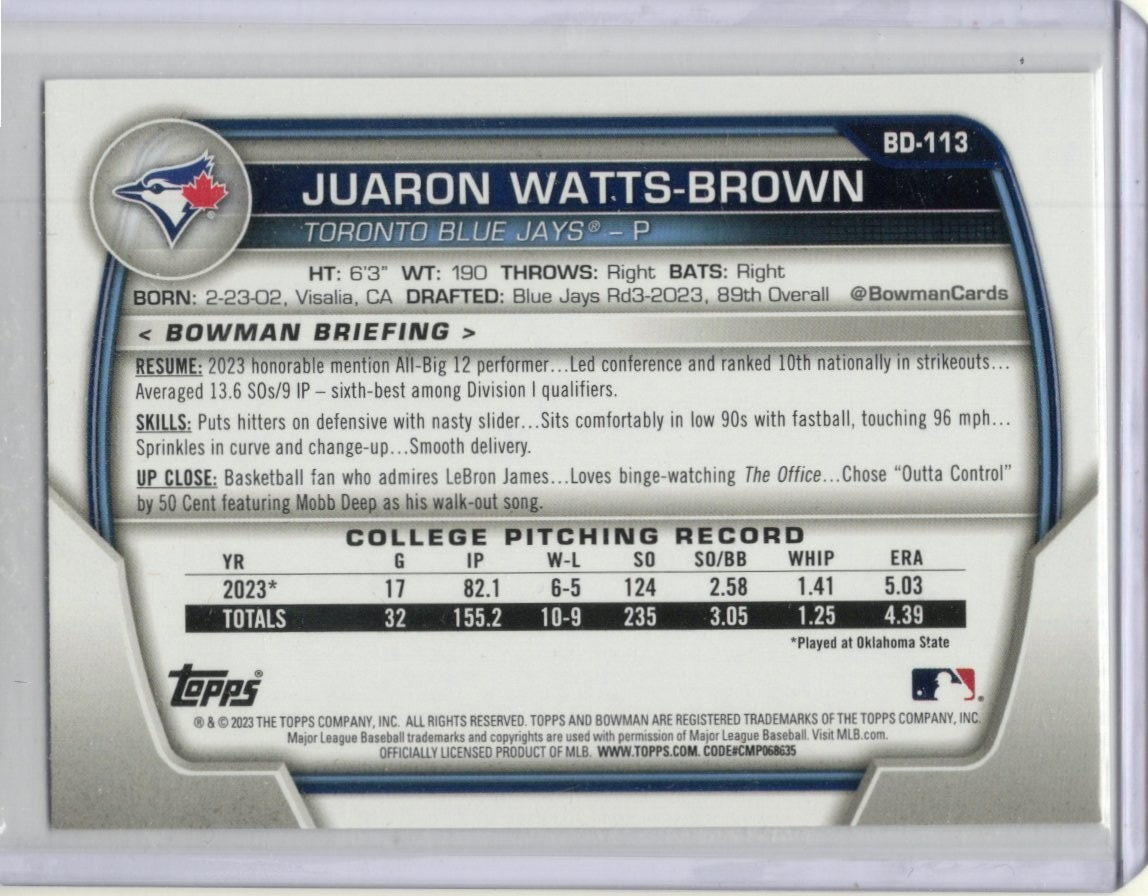 2023 Bowman Draft Paper Juaron Watts-Brown Toronto Blue Jays #BD-113