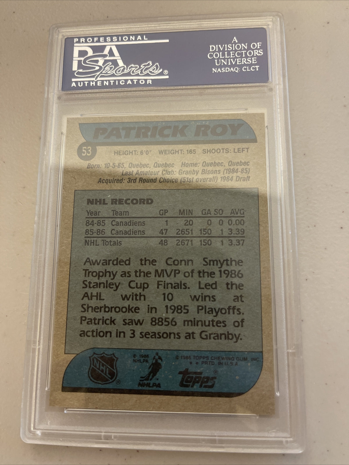 1986 - 1987 Topps Patrick Roy RC/Rookie  #53 PSA 8