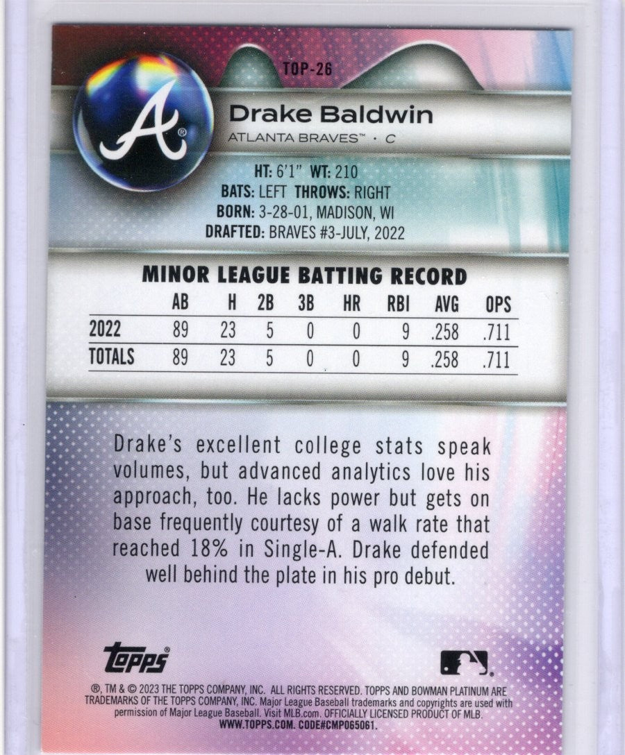 2023 Bowman Platinum Drake Baldwin Top Prospects Rookie Atlanta Braves #TOP-26