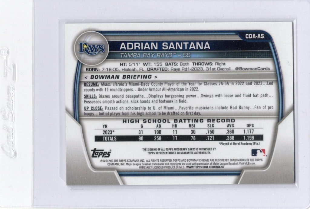 2023 Bowman Chrome Draft Adrian Santana 1st Prospect Autograph Auto #CDA-AS Rays