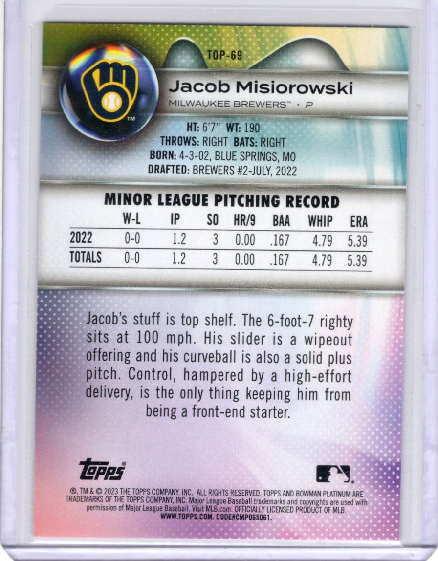 2023 Bowman Platinum Top Prospects Jacob Misiorowski #TOP-69 Rookie Brewers