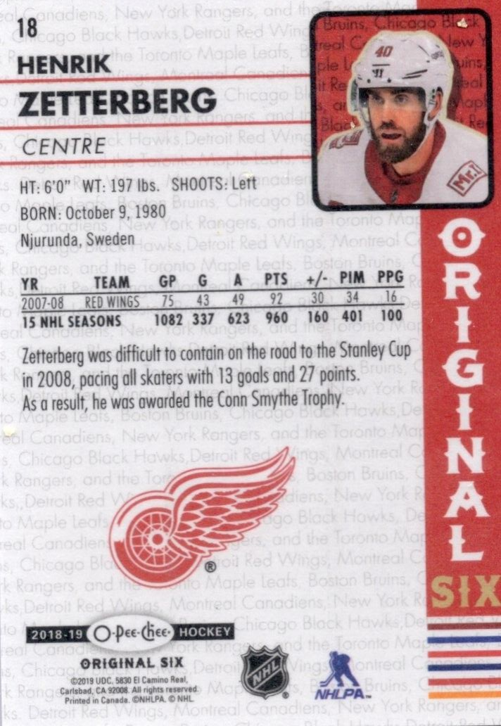 2018-19 O-Pee-Chee OPC Original Six Hockey Walmart, Henrik Zetterberg #18