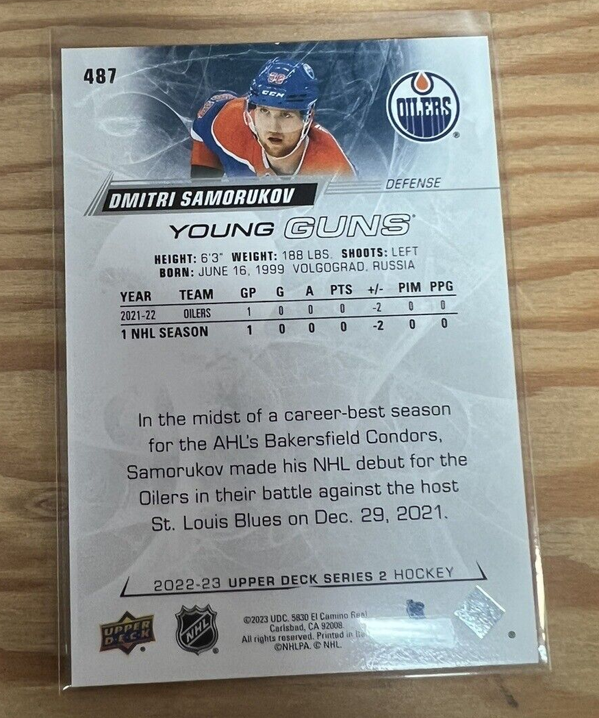2022-23 UD Series 2 Young Guns #487 Dmitri Samorukov Edmonton Oilers