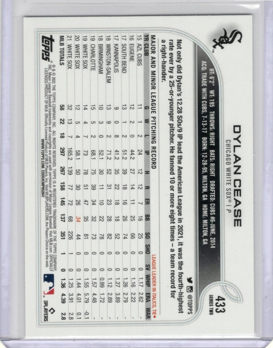 2022 Topps Baseball Dylan Cease 433 Chicago White Sox now Blue Jays