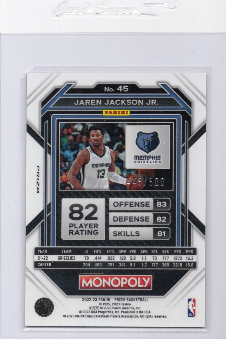 2022-23 Prizm Monopoly Jaren Jackson Jr #45 Gold Millionaire Shimmer 448/500