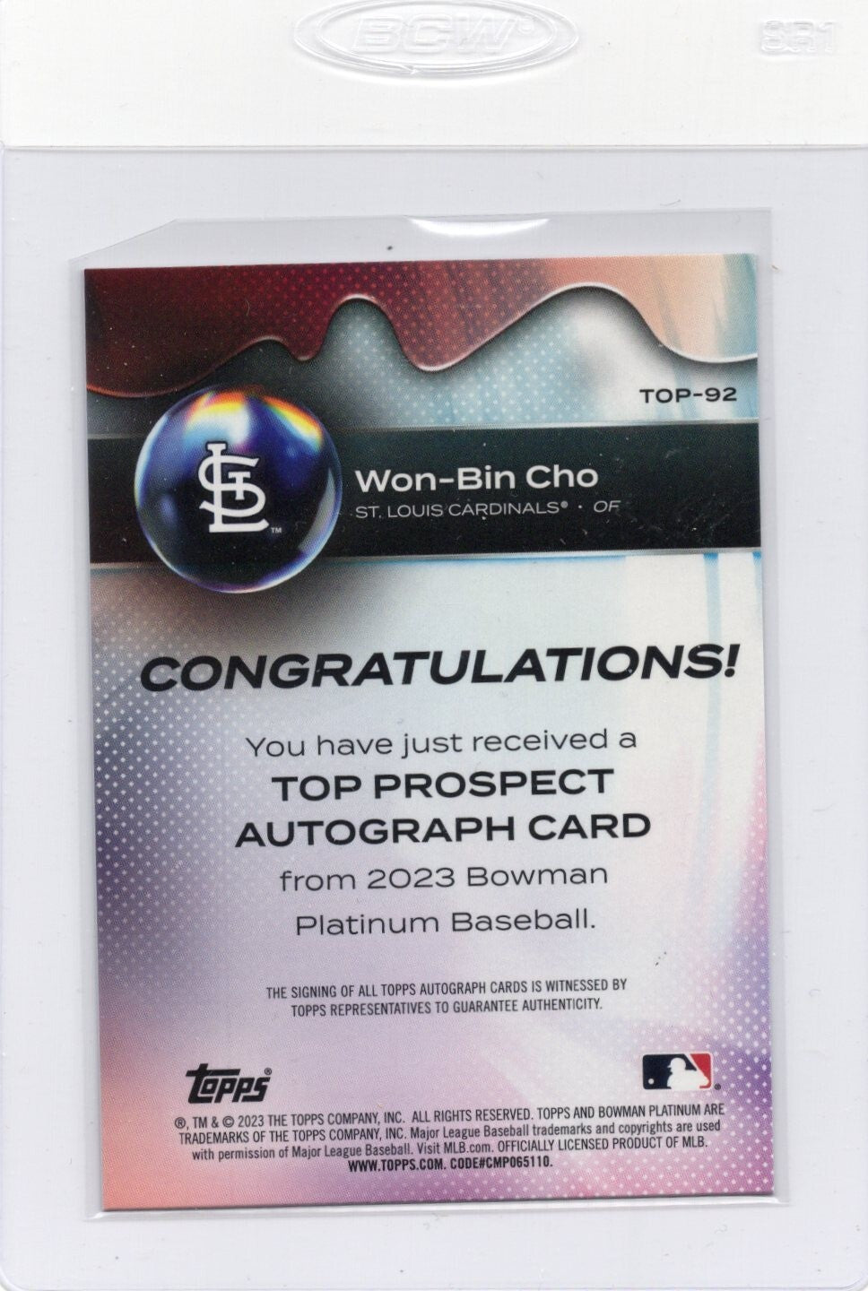 2023 Bowman Platinum #TOP-92 Won-Bin Cho Base Prospect Auto St. Louis Cardinals