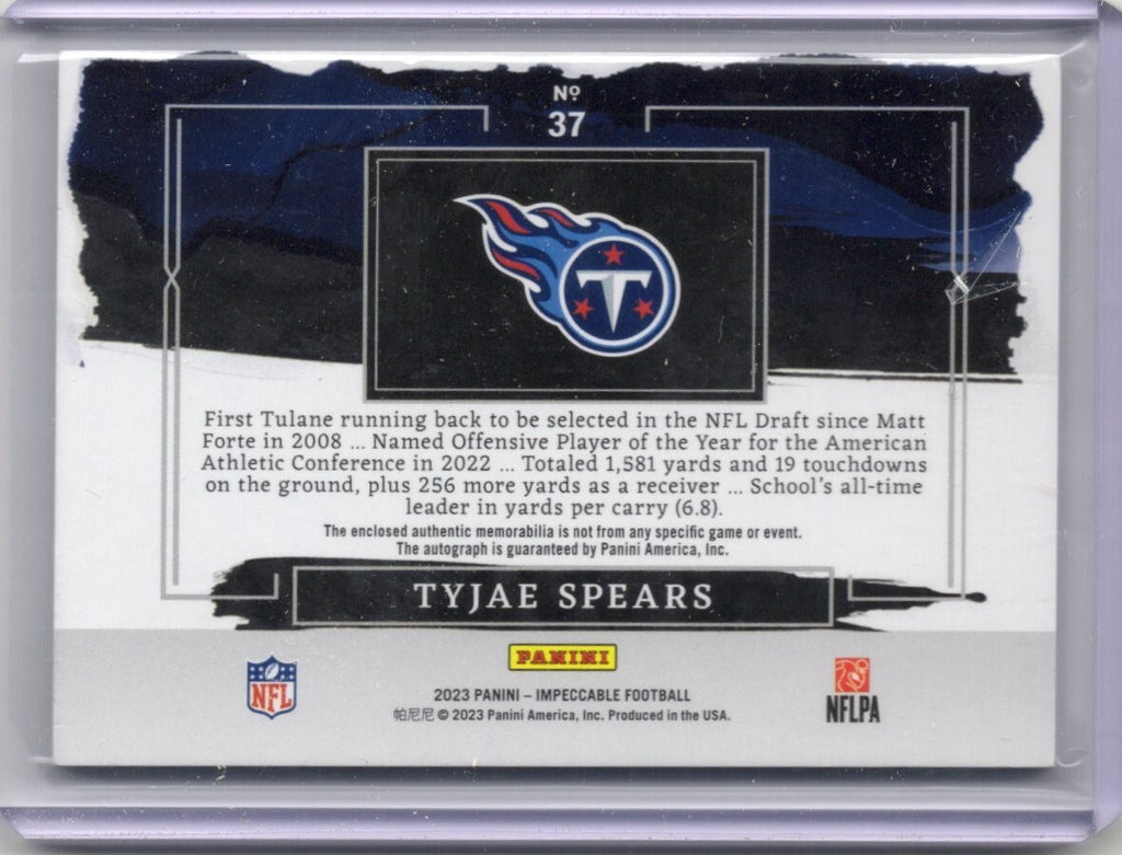 2023 Panini Impeccable #37 Tyjae Spears Elegance Dual Patch Auto RC #14/50