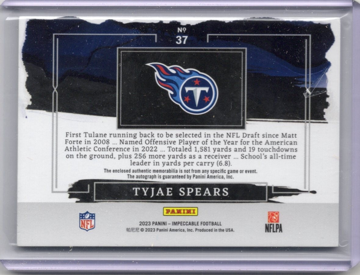 2023 Panini Impeccable #37 Tyjae Spears Elegance Dual Patch Auto RC #14/50