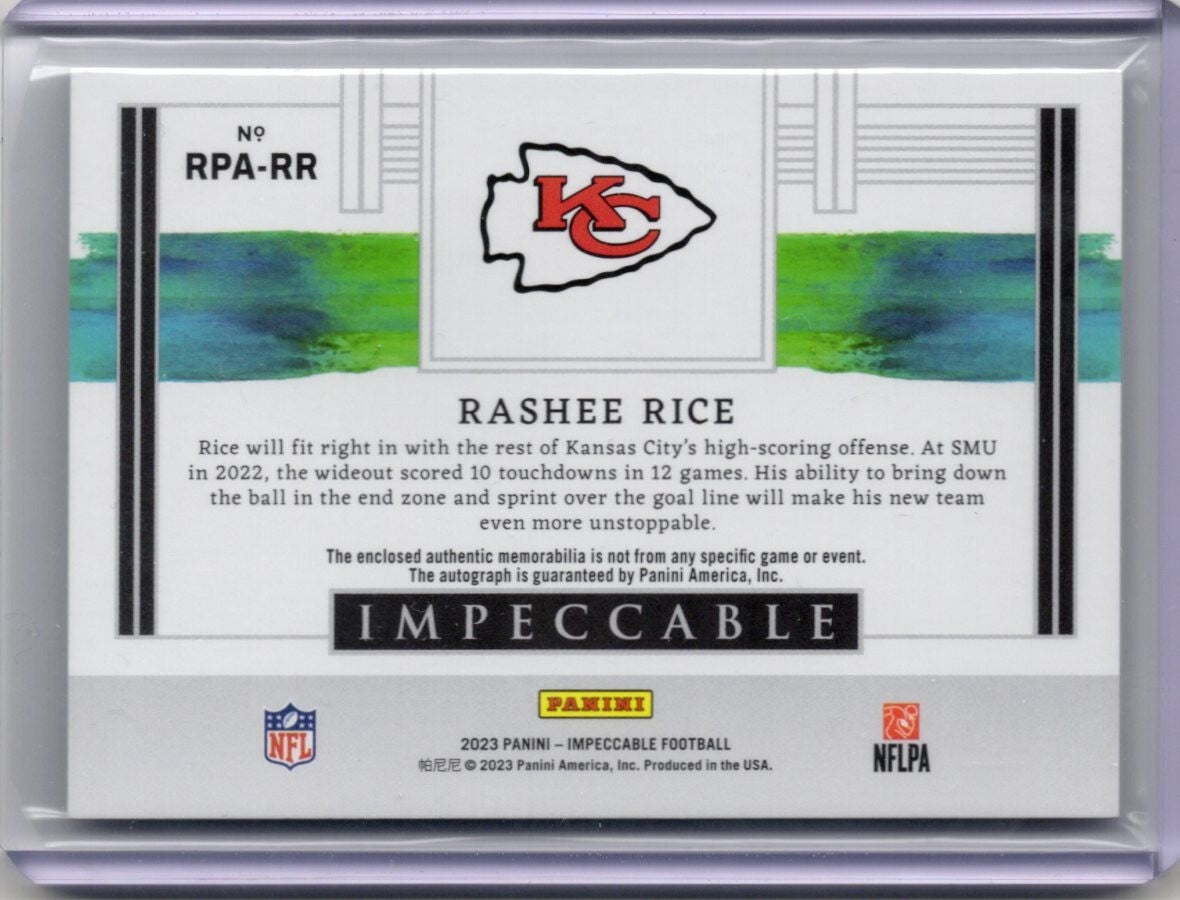 2023 Panini Impeccable Rashee Rice Rookie Patch Auto RC 23/99 Chiefs RPA-RR