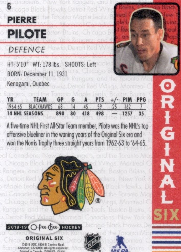 2018-19 O-Pee-Chee OPC Original Six Hockey Walmart, Pierre Pilote #6