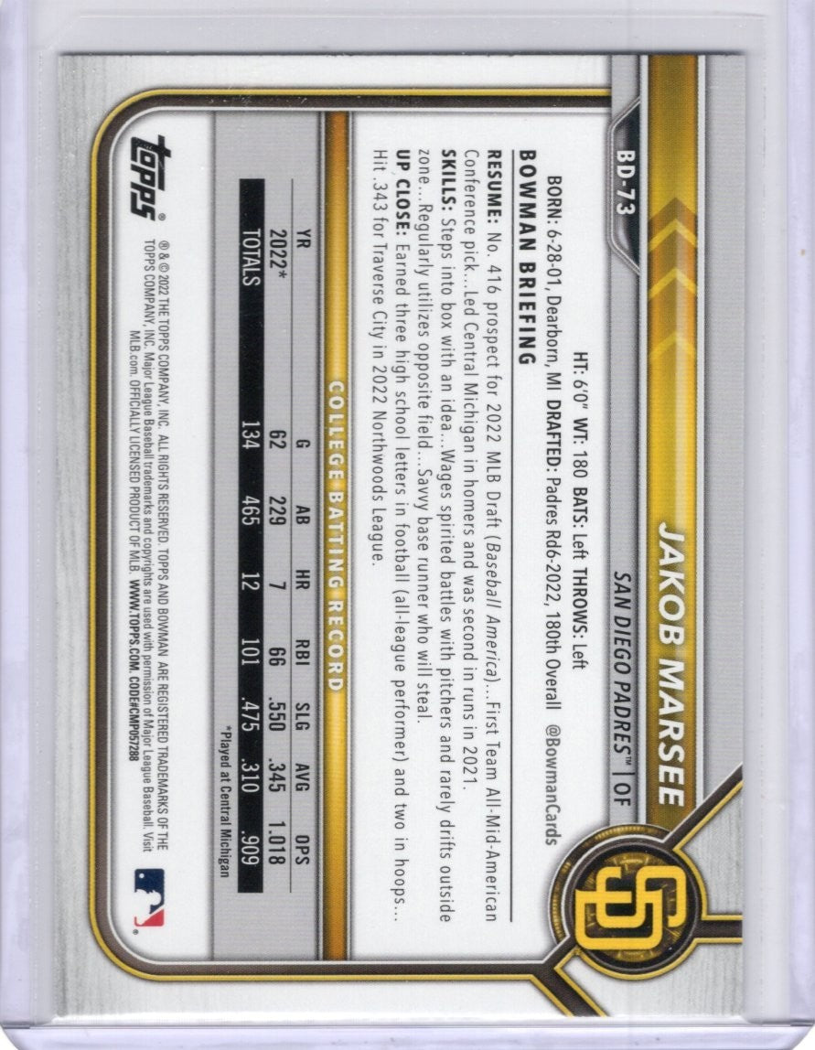 2022 Bowman Draft 1st Edition Jakob Marsee BD-73 1st | San Diego Padres