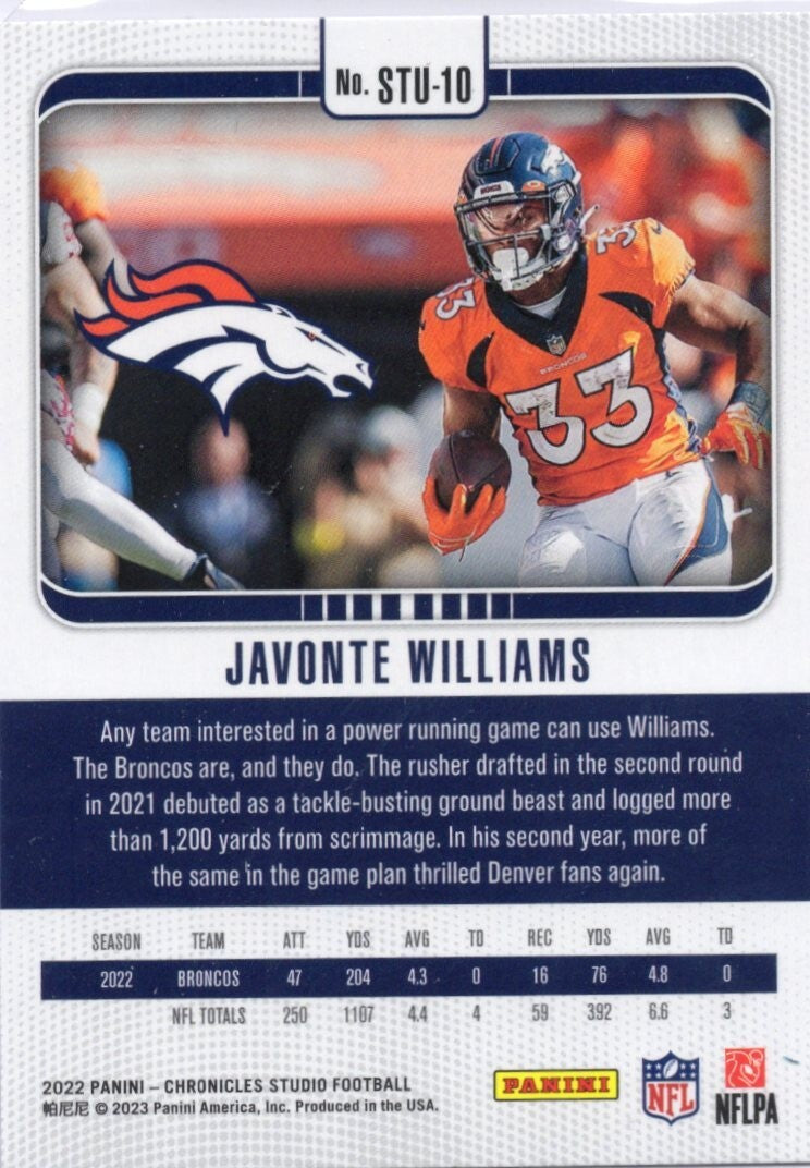 2022 Chronicles Studio #STU-10 Javonte Williams 4/10 - Denver Broncos