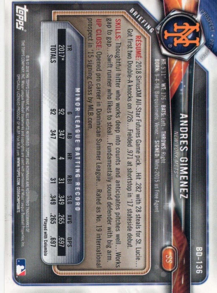 2018 Bowman Draft #BD-136 Andres Gimenez New York Mets