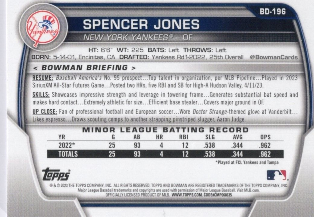 2023 Bowman Draft Spencer Jones RC #BD-196 New York Yankees