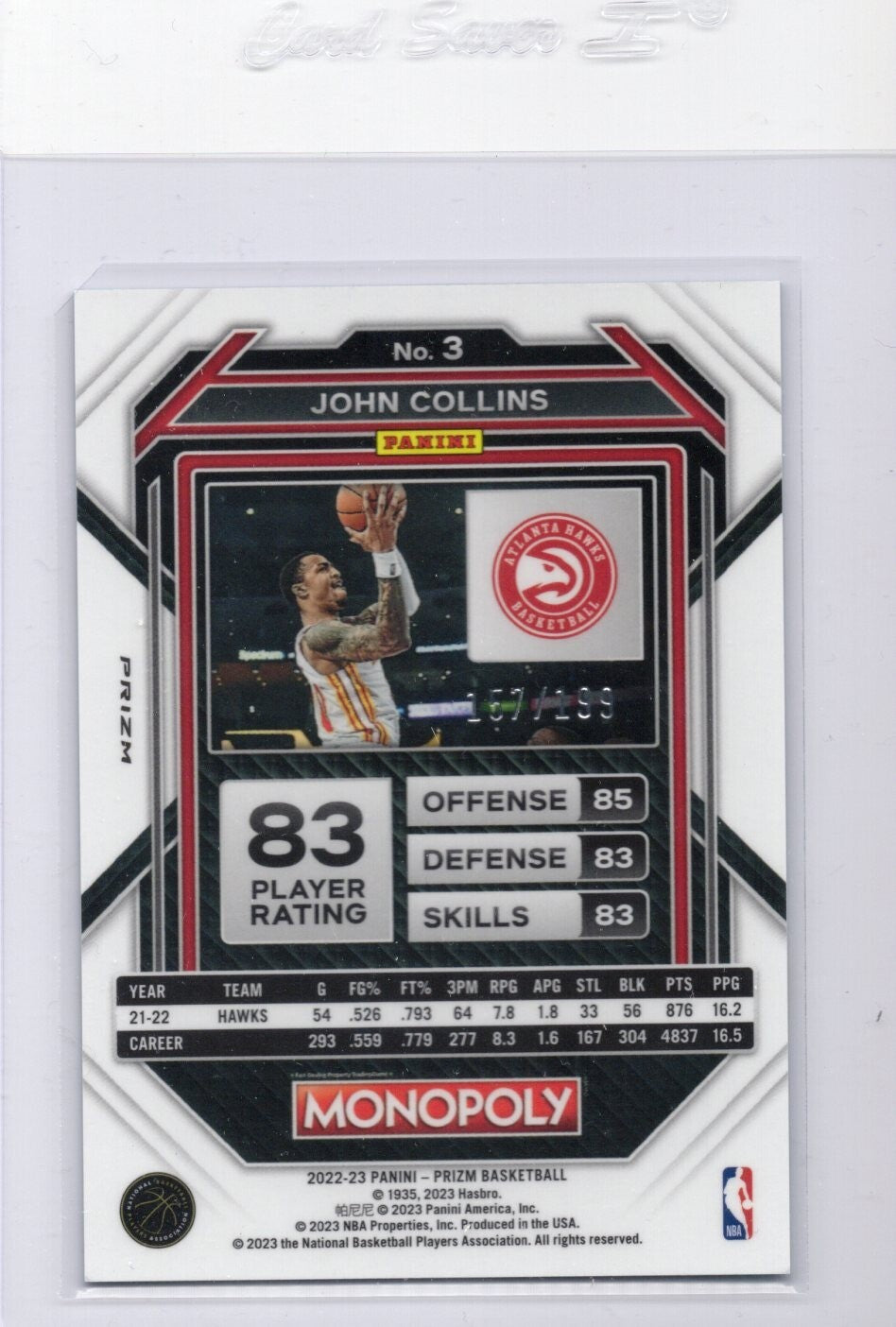 2022-23 Panini Prizm Monopoly JOHN COLLINS Light Blue Prizm #157/199 HAWKS #3