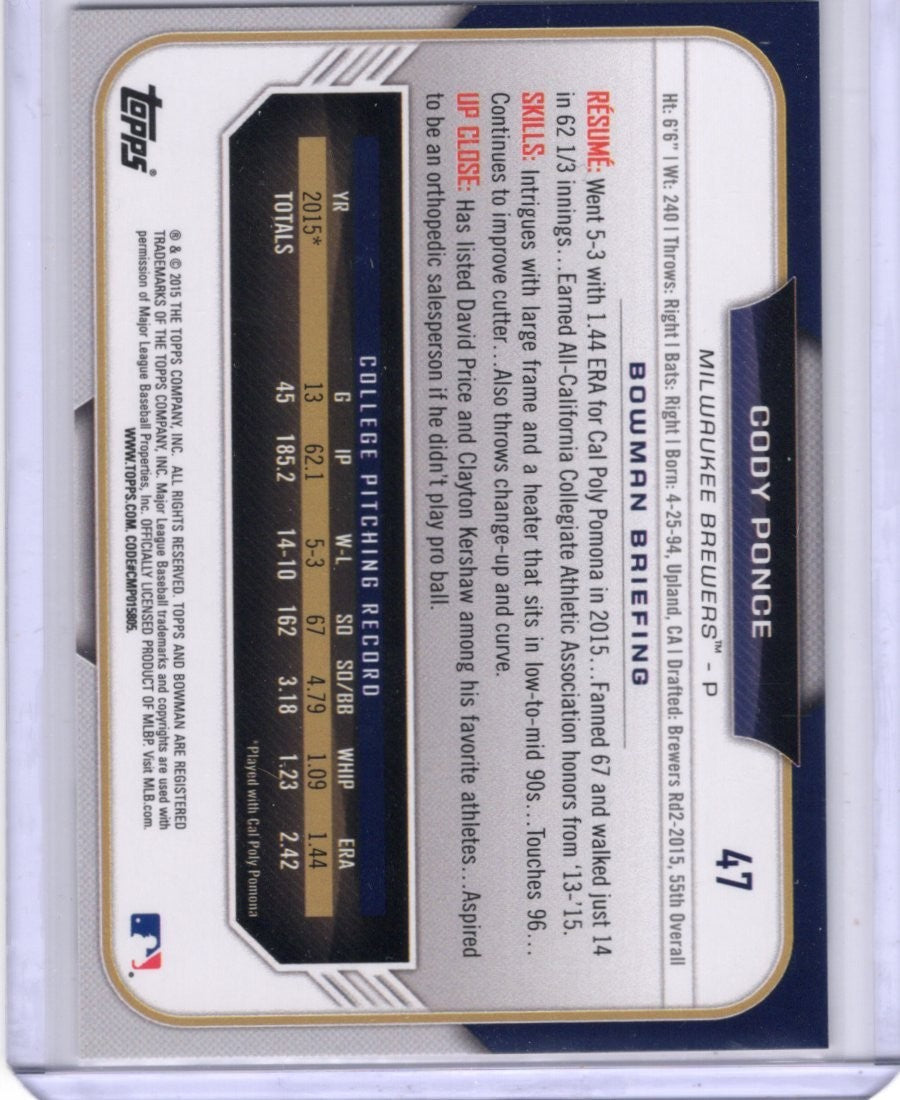 2015 Bowman Draft Picks & Prospects Cody Ponce Milwaukee Brewers #47