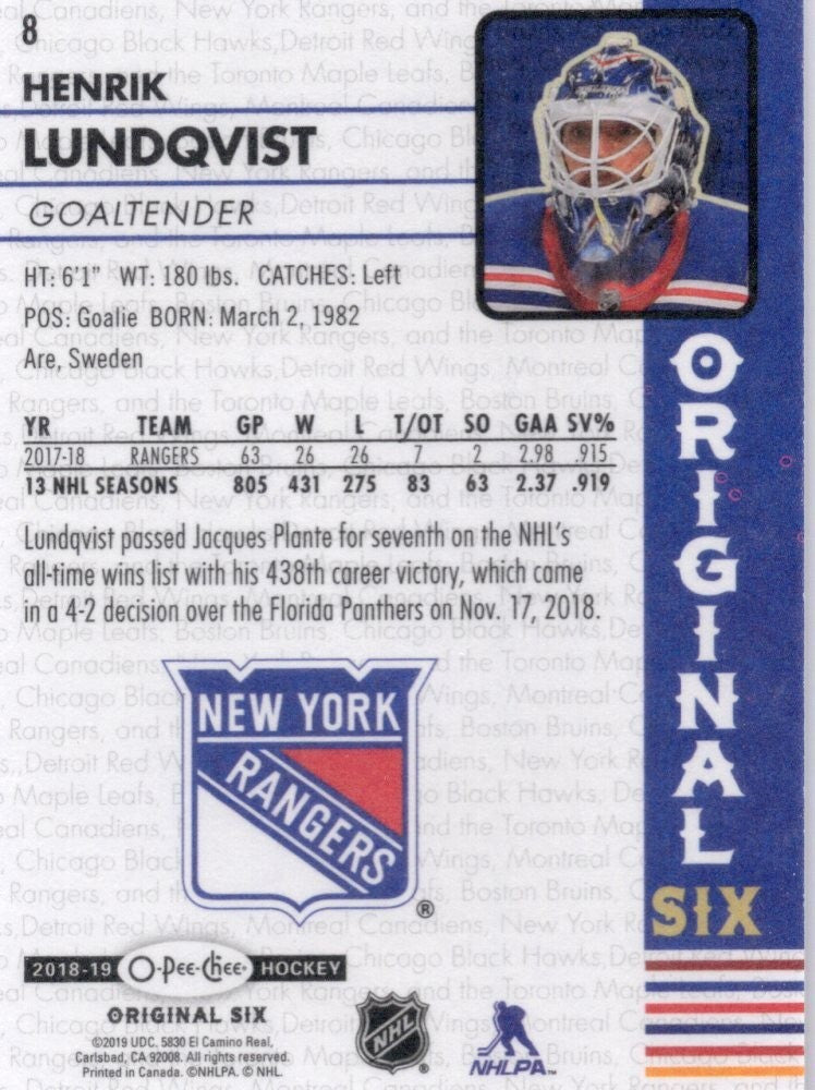 2018-19 O-Pee-Chee OPC Original Six Hockey Walmart, Henrik Lundqvist #8