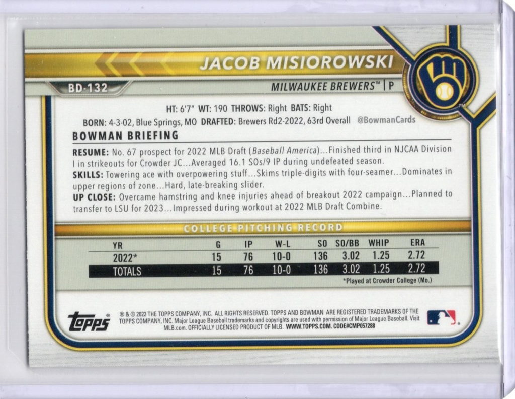 2022 Bowman Draft #BD-132 Jacob Misiorowski Bowman 1st - Milwaukee Brewers 