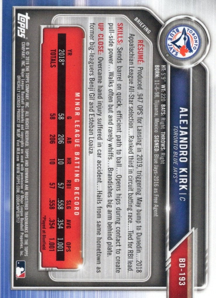 2019 Topps Bowman Alejandro Kirk Card BD-193 Blue Jays