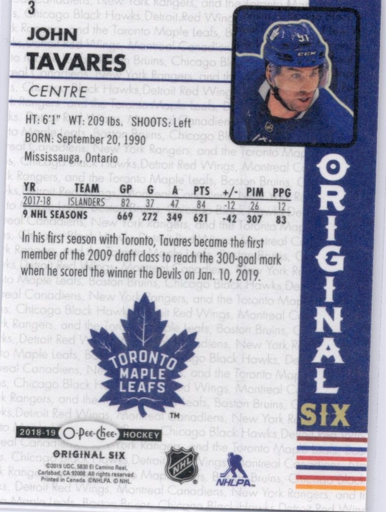 2018-19 O-Pee-Chee OPC Original Six Hockey Walmart, John Tavares #3