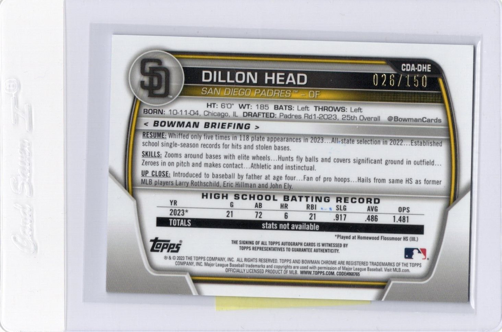 2023 Bowman Draft Chrome DILLON HEAD 1st Bowman Blue Wave Auto 026/150 CDA-DHE