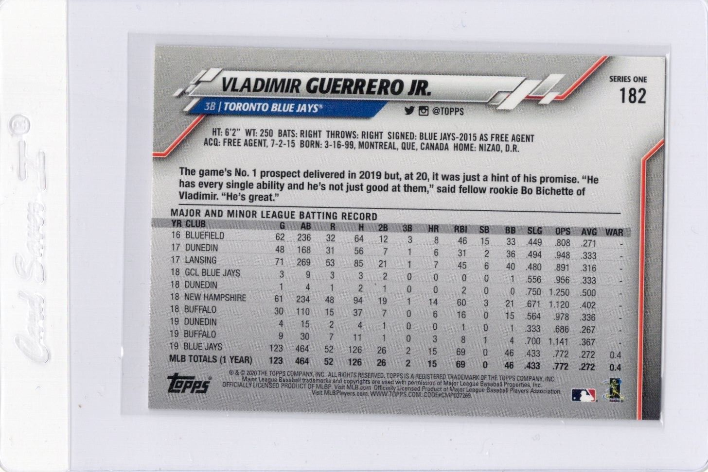 2020 Topps Vladimir Guerrero Jr. All-Star Rookie Gold Cup #182 Blue Jays