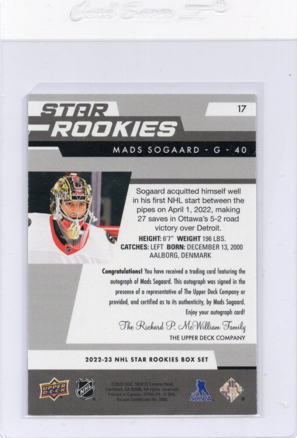 2022-23 Upper Deck Star Rookies #17 Mads Sogaard RC Autograph