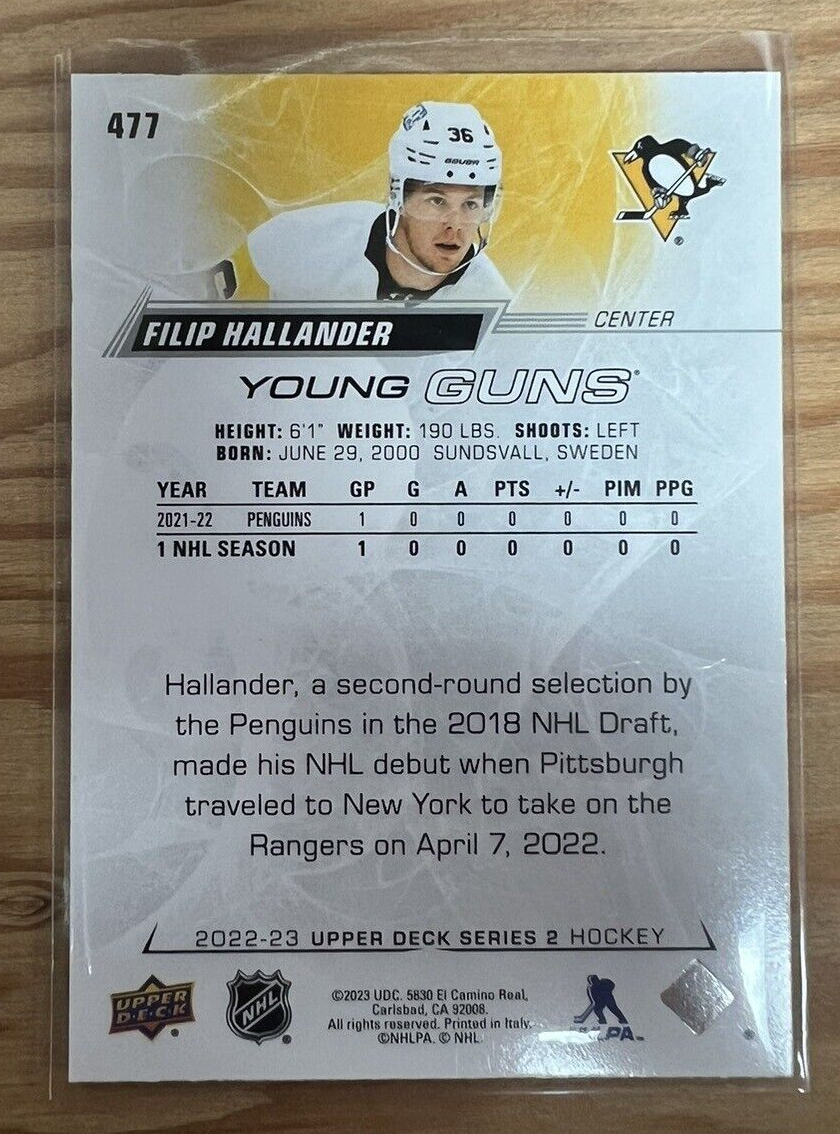 2022-23 UD Series 2 Base Young Guns #477 Filip Hallander Pittsburgh Penguins